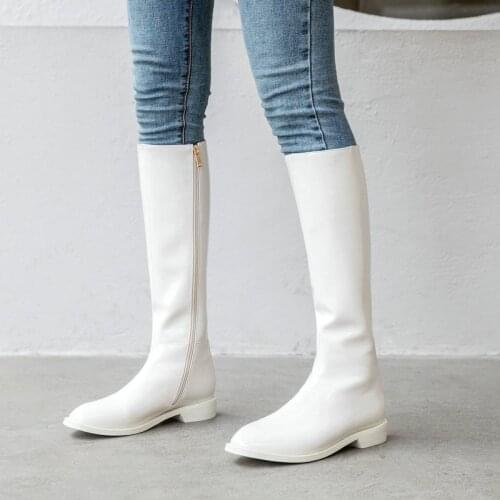Patent Leather Fashion Knee High Boots Autumn Winter Women Shoes Comfortable Flat Heels Zipper Long Boots Black White Orange