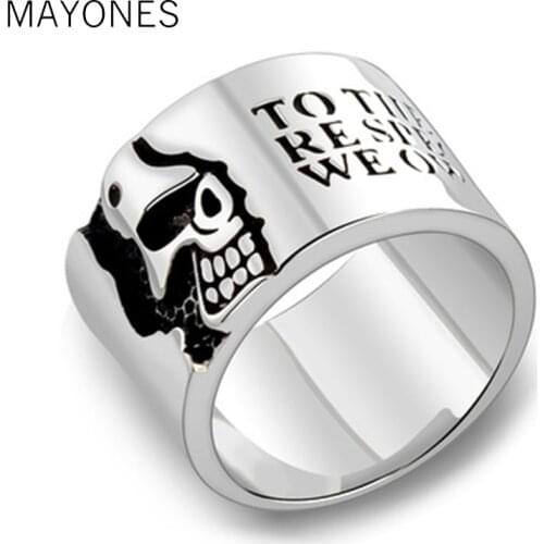 MAYONES Real Sterling Silver 925 Mens Wide Skull Ring With Words Vintage Punk Style Male Thailand Rings Jewelry anelli uomo