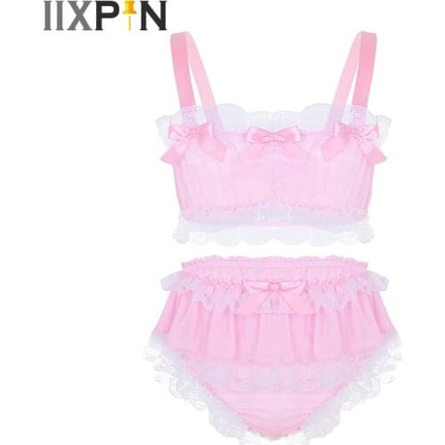 Men Sissy Lingerie Set Ruffled Lace Sheer Chiffon Underwear Set Sleeveless Crop Top With Skirted Petticoated Panties Nightwear