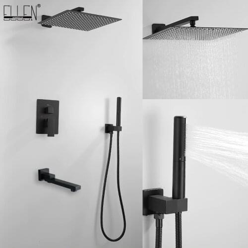 Bath Wall Shower Set Black Bathroom Shower Taps with Handshower Wall Mounted Sqaure Rain Ceiling Shower Bathtub Mixers ELS89
