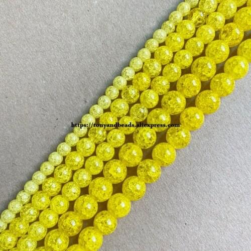 Natural Stone Lemon Color Dyed Snow Cracked Crystal Round Loose Beads 15" 4 6 8 10 12MM Pick Size For Jewelry Making DIY