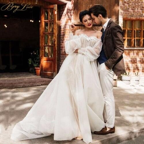 Plain Ivory Bridal Wedding Dress Dot Tulle Off the Shoulder Bride Dress Simple Long Puffy Sleeves Bride Gown Wedding Marriage