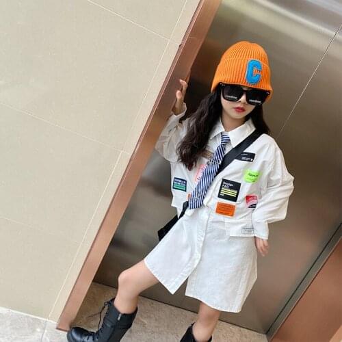 Girls Patch Straight Shirt Dress 2021 Fall New Fashion Girl Long Sleeve Dress with Tie