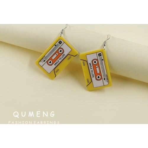 QUMENG Creative Fashion Yellow Tape Printing Acrylic Pendant Earrings Style Restoring Ancient Ways Simple Girl Party Jewelry