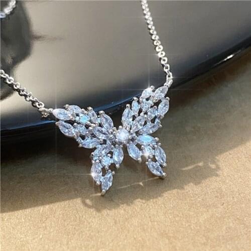 Luxury Female White Crystal Pendant Necklace Charm Silver Color Wedding Necklace For Women Cute Butterfly Zircon Chain Necklace