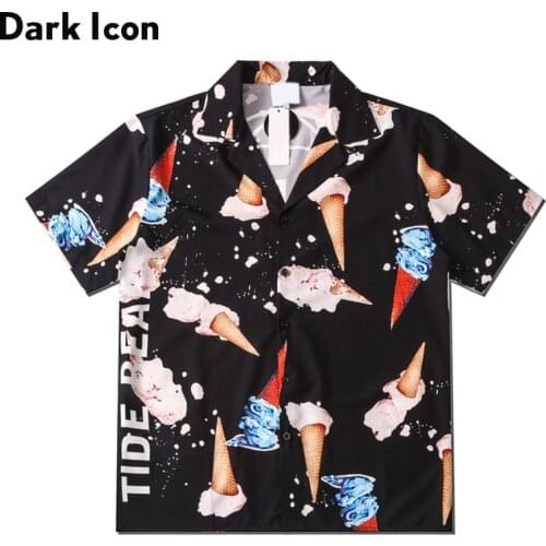 Dark Icon Ice Cream Cone Printed Oversized Shirt for Men Summer Short Sleeve Mens Polo Shirts Black