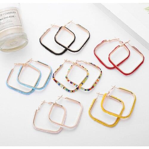 Bohemia Beaded Hoop Earrings For Women Gold Color Square 2021 New Fashion Jewelry Vintage Accessories Retro Earring