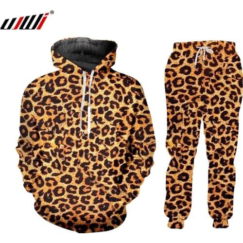 UJWI Winter 3D Prin Leopard Fashion Zip Hoodies Pants Men Couple Wear Funny Breathable Fitness Hoodie Trousers Suit Dropship