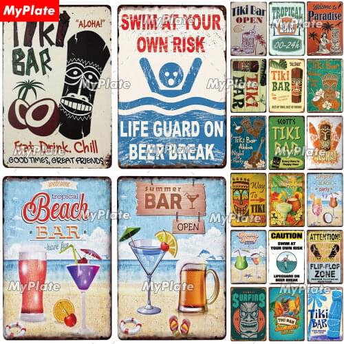 TiKi Bar Metal Sign Vintage Plaque Surfing Tin Sign Plate Wall Decor For Bar Pub Man Cave Swim Attention Poster Custom