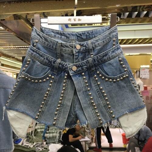 Vintage Sexy High Waist Denim Shorts Fake Two Piece Heavy Work Beaded Loose Shorts 2021 Summer Punk Dark Academia Pants Rivets
