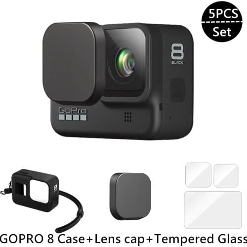 Protective Silicone Case for GoPro Hero 8 Black Tempered Glass Screen Protector Film Lens Cap Cover for Go Pro 8 Accessory