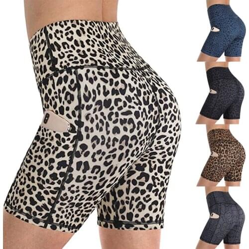 Womens Leopard Snake Print Pocket Fitness Yoga Sports Shorts Tight High Waist Gym Shorts Short Yoga Sports Pants