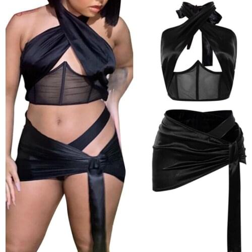 2Pcs Women Summer Outfit, Solid Color Sheer Hollow Backless Crop Tops + Irregular Strappy Skirt for Girls 2021 Club Wear