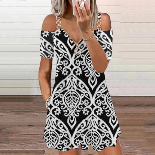 Vintage Print Women Casual Dress Metal Strap Off Shoulder Zipper Party Dress Beach V-neck Short Sleeve Summer Dress 2021 40