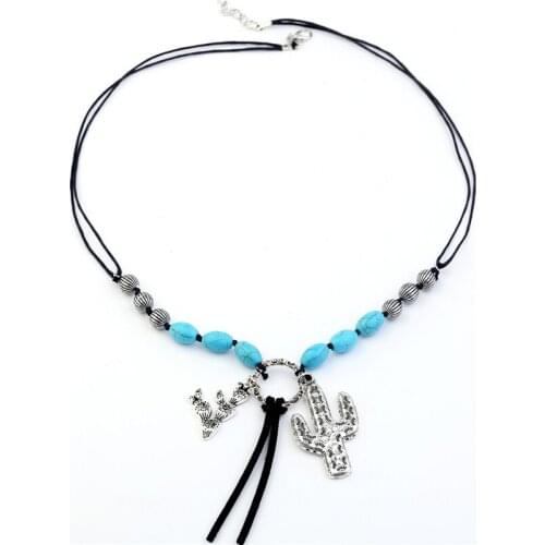 2018 New Design Fashion Bohemia Cactus pendant necklace jewelry Real turquois beads handmade tassel cord neck wholesale woman