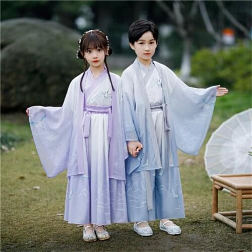 2021 Folk Ancient Girl Boy Tang Suit Dance Embroidery Costume Party Kids Traditional Chinese Cosplay Hanfu Dress
