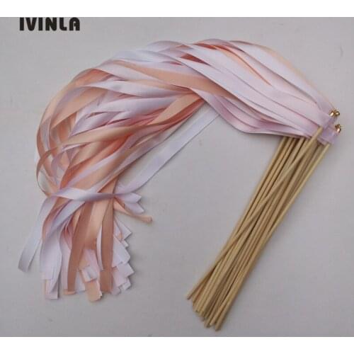 50pcs/lot white and croal wedding ribbon wands with gold bell ribbon Twirling Streamers wedding ribbon stick