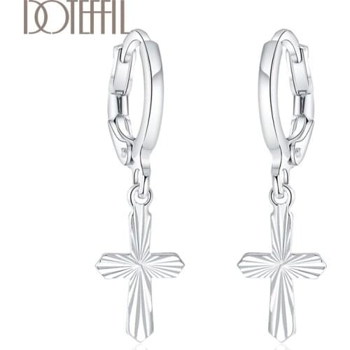 DOTEFFIL 925 Sterling Silver Cross Drop Earring For Women Wedding Engagement Party Gift Fashion Charm Jewelry