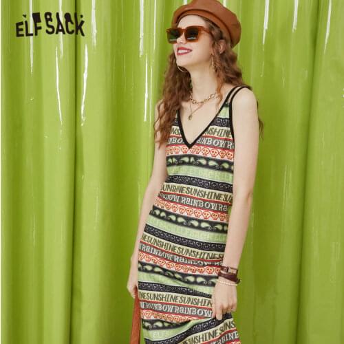 ELFSACK Graphic Striped High Waist Casual Knitted Slip Dresses Women 2021 Autumn Vintage Sexy Ladies Bohemia Holiday Midi Dress