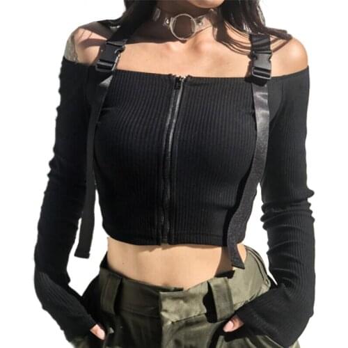 Women T-Shirt Spring Autumn Korean Long Sleeve Crop Top Shoulder Strap Fashion Feminina Knitted Cotton Black Sexy Short Tshirt