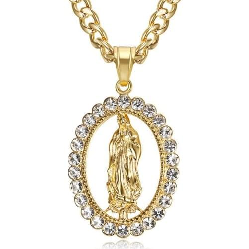 Hip Hop Virgin Mary Pendant Stainless Steel Cuban Chain Pave zircon Catholic Pendants Necklaces For Men Jewelry