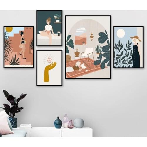 Fashion Vintage Girl Plant Life illustration Wall Art Canvas Painting Nordic Posters Prints Wall Picture For Living Room Decor