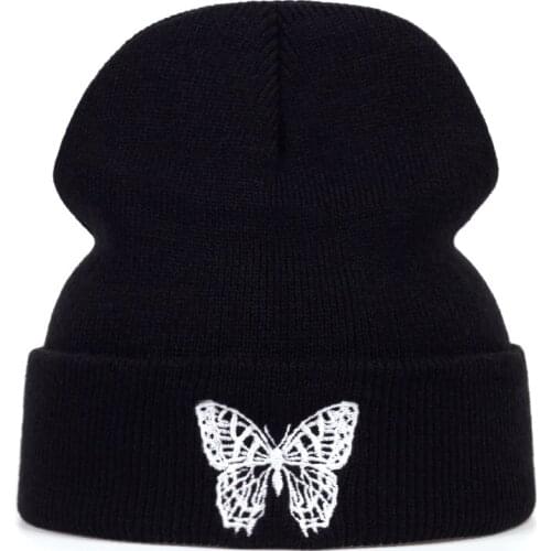 Fashion Knitted Beanies Hat Butterfly Embroidery Winter Warm Ski Hats Skullies Caps Soft Elastic Cap Sport Bonnet Men Women