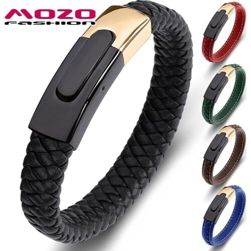 MOZO FASHION Stainless Steel Charm Magnetic Multi Color Men Bracelet Genuine Leather Braided Trendy High Quality Jewelry 018