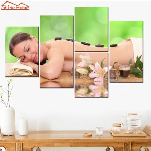 ShineHome-5 Piece Panel Wall Art Canvas Print Paintings Modular Spa Nail Body Salon Massage Zen Stone Picture Posters and Prints