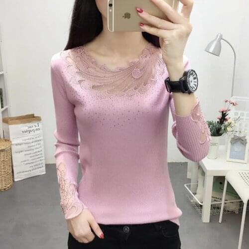2020 New Lace Womens Sweater Spring and Autumn Pullover Low-Neck Slim Fit Elastic Bottoming Sweater Black Top