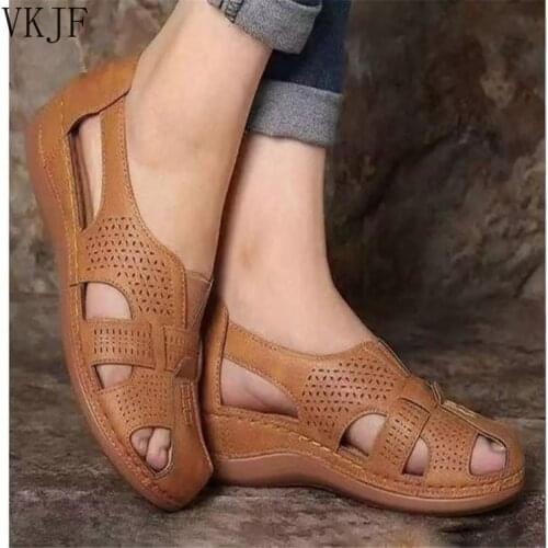 New Woman Leather Vintage Sandals Female Hollow Out Wedges Platform Shoes Plus Size Women Summer Slip on RetroSandals