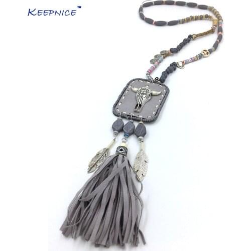 New Bohemia Boho Necklaces Tibeten antique Silver Tauren Taurus Necklaces pink tassel leaf pendant leather back necklaces