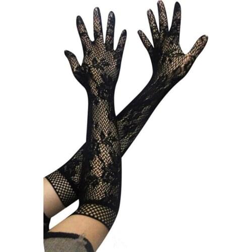 Woman Fishing Net Jacquard Floral Transparent Lace Black Gloves Elastic Bride Long-sleeve Mesh Liturgy Sexy Gloves for Women