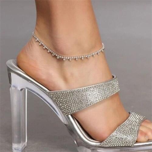 Sexy Beach Rhinestones Small Water Droplets Ladies Anklets Jewelry Ins Fashion High Heels Wild Ankle Chain Foot Accessories