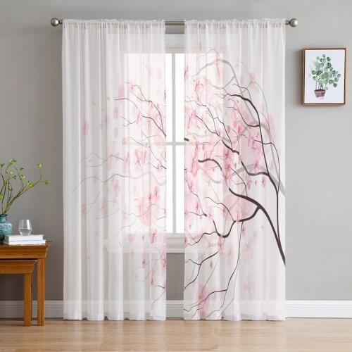 Cherry Blossoms Tree Branches Pink White Sheer Curtains for Living Room Modern Bedroom Voile Tulle Curtain Window Drapes