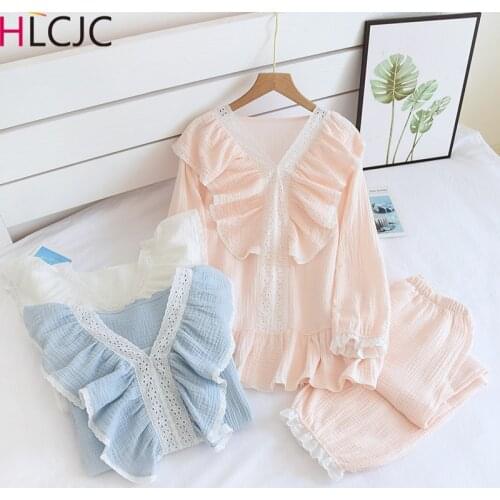 Japanese 100% Cotton Crepe Home Clothes Women Long Sleeve Lace Ruffles Loose Pants 2 Piece Set Home Suit Sleepwear Pajamas Set