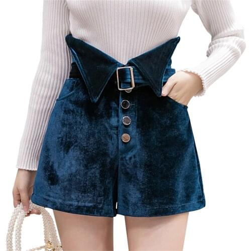 S-2XL Velvet Belted Shorts Women Fashion Streetwear Plus Size Single-Breasted High Waist Shorts Pocket Black Shorts