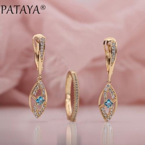 PATAYA New 585 Rose Gold Micro Wax Inlay Blue Natural Zircon Long Drop Earrings Luxury Rings Sets Women Wedding Party Jewelry