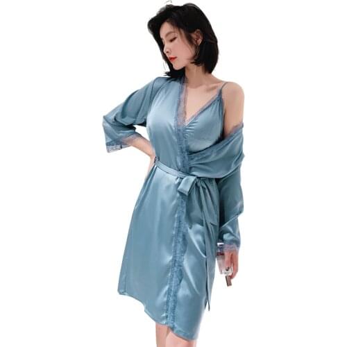 Smmoloa Spring Summer Silk Women Lace Bathrobe Two Pieces Sleep Set Luxury Sexy Print Sleepwear