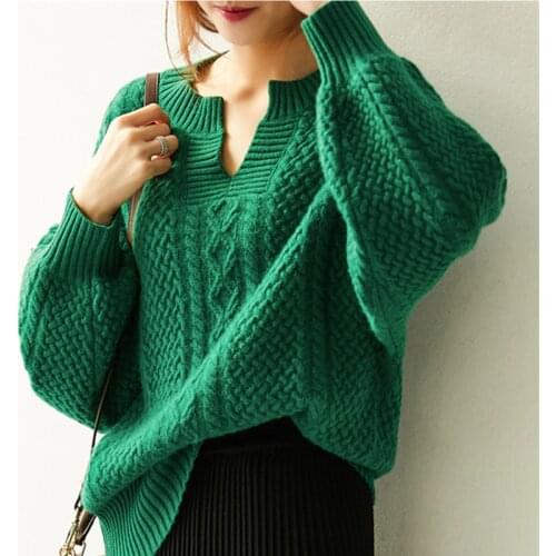 Women Sweater 2019 New Spring Fashion Casual Solid V-Neck Sweater Warm Vintage Loose Long Sleeve Knitted Pullover Sweaters