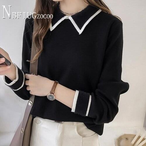 Black And White Stripe Collar And Cuff Women Sweater Autumn Female Bottoming Sweaters