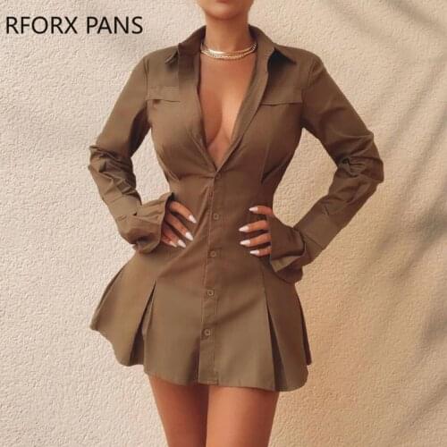 Women Solid Bell Sleeve Button Front Ruched Shirt Dress Bodycon Dress Party Dress for Women Dress 2021