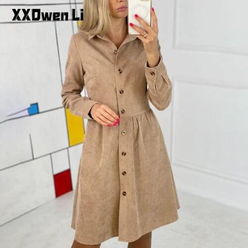 Woman Autumn Corduroy Long Sleeve Shirt Dress 2021 Winter Casual Pure Color Mini Dress Fashion Office Ladies Buttons Shirt Dress