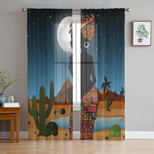 African Woman Desert Cactus Night Tulle Sheer Window Curtains for Living Room Kitchen Children Bedroom Voile Hanging Curtain