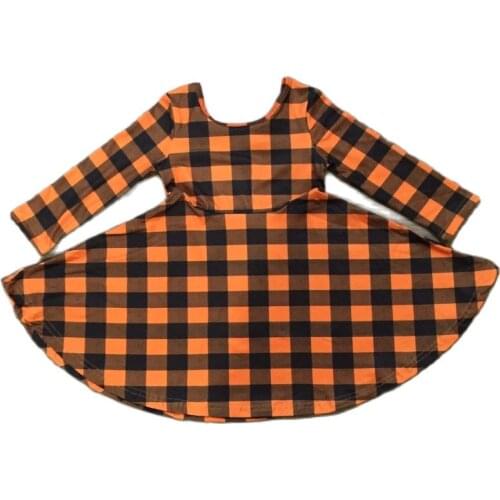 Girlymax Baby Girls Halloween Chlidren Kids Clothing Milk Silk Orange Plaid Gingham Twirl Dress Knee Length Long Sleeve