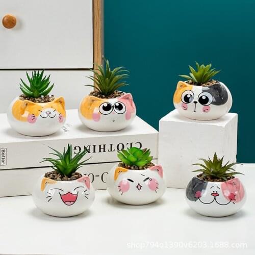 Factory Promotion Cartoon Cute Animal Flower Pot Round Cat Figurines Miniature Model Fairy Garden Decoration Planter Ceramic Pot