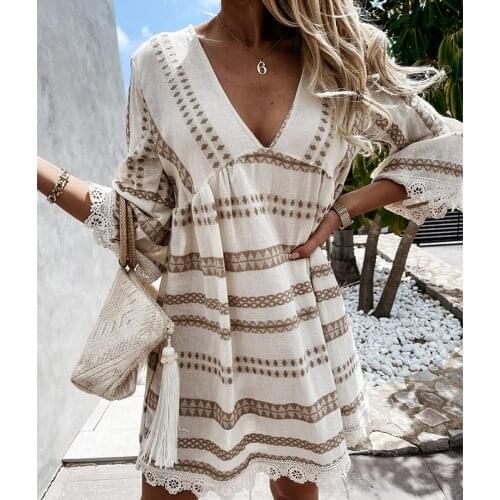 Foridol V Neck White Lace Spliced Casual Loose Dress Plus Size Women Striped Short Dress Spring Autumn Dress 2021