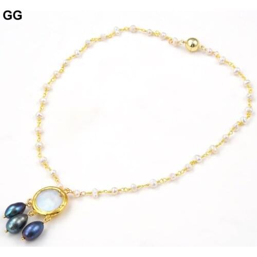 GuaiGuai Jewelry Natural Freshwater Cultured White Pearl Rosary Chain Necklace White Coin Black Pearl Pendant 18" For Women