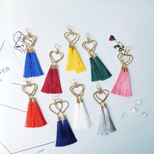 HC Cute Heart Drop Long Tassel Earrings Bohemian Pink Red White Silk Fringed Earrings Women Fashion Jewelry Statement Earrings W