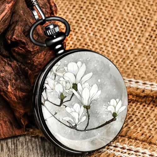 White Flowers In Winter Eegant Exquisite Pocket Chain Watch Quartz Dial High Quality Alloy Pendant Anniversary Gifts For Lovers